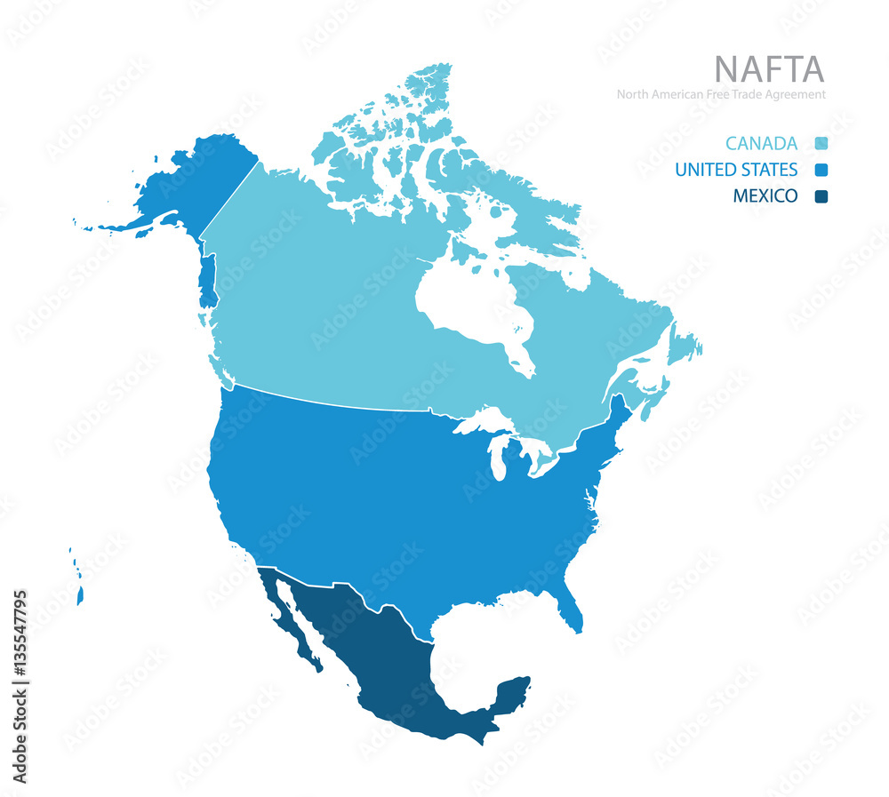Map of NAFTA (North American Free Trade Agreement)