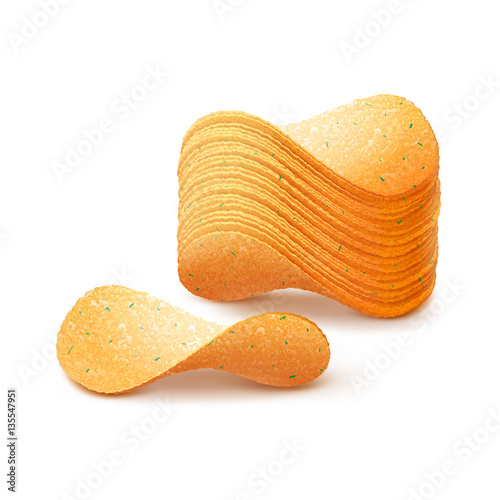 Vector  Stack of  Potato Crispy Chips Close up Isolated on White Background