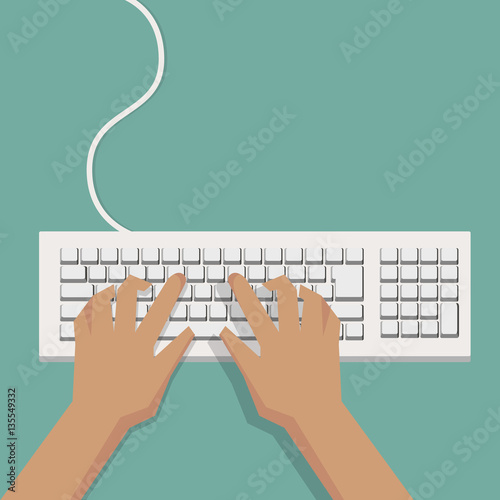 Flat Hands typing on white keyboard with cable and pastel background