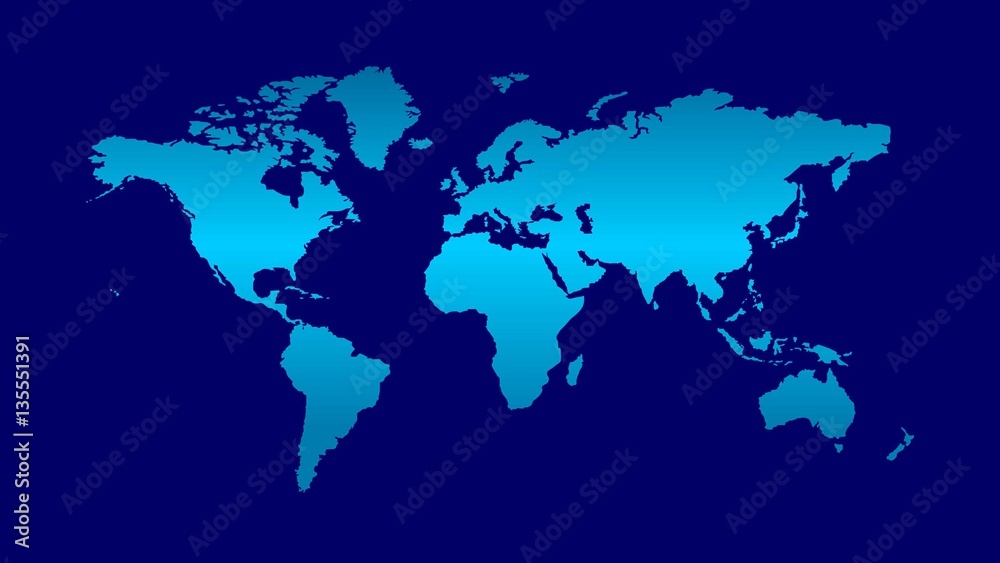 World map illustration light blue gradient color continents with dark blue ocean