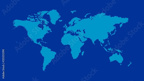 World map illustration light blue continents with dark blue ocean