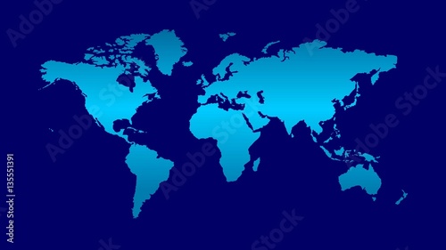World map illustration light blue gradient color continents with dark blue ocean