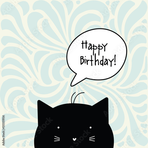 Happy Birthday card. Cat character. Greeting card with copy space. 