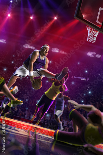 Fat Basketball non professional player in action, court and enemy 3d render colour