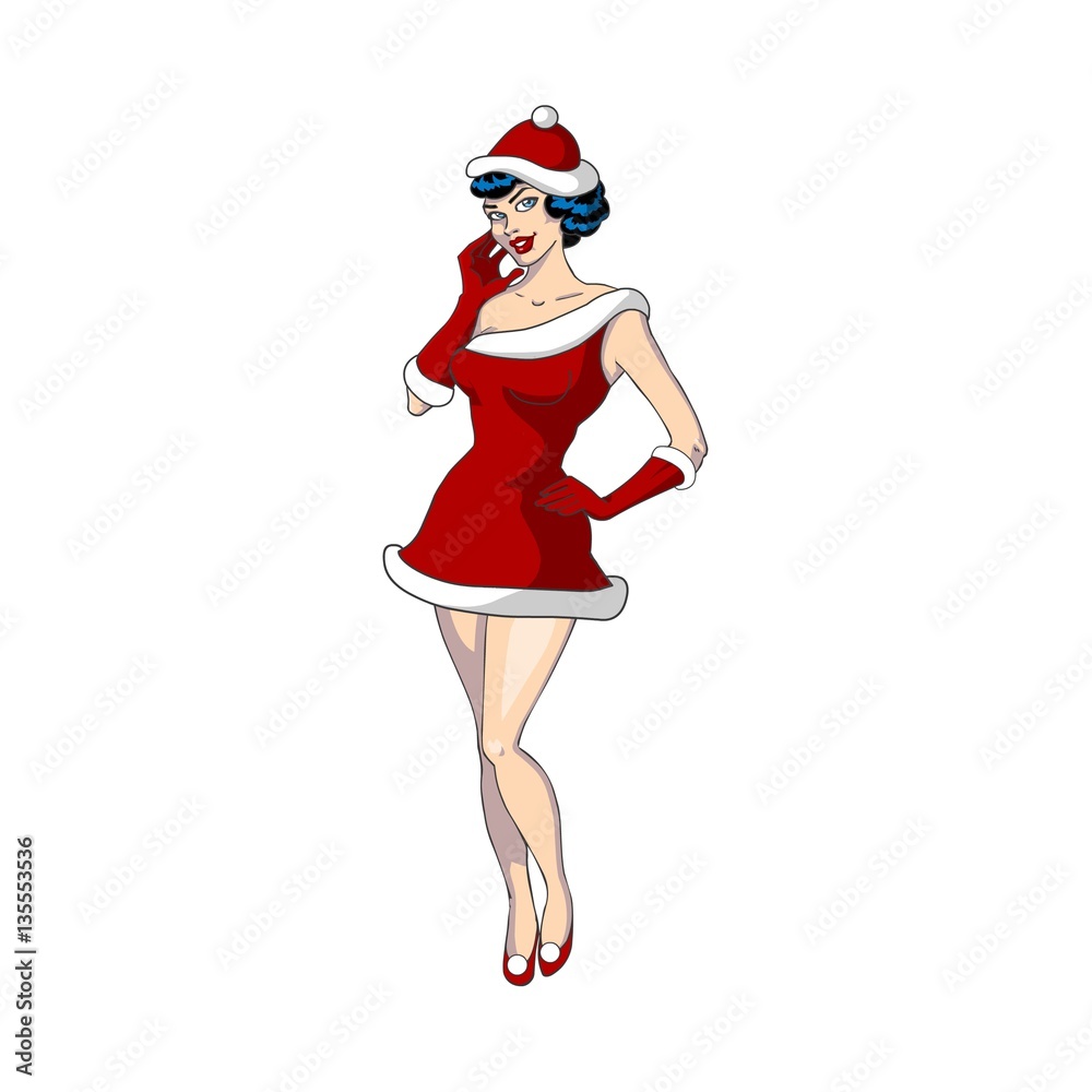 Santa girl illustration looking in the mirror, longer skirt version and isolated Santa girl illustration looking in the mirror, longer skirt version and isolated