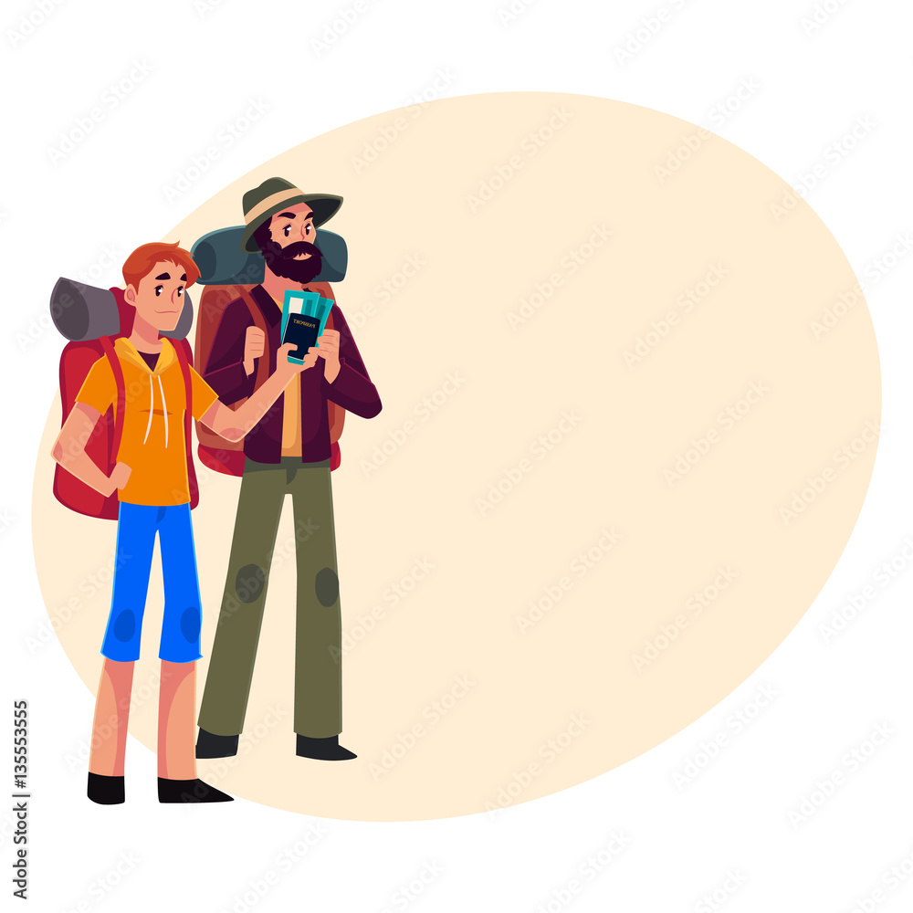 Two pretty girls travelling, hitchhiking with backpacks and camera, cartoon illustration on background with place for text. male backpackers, hitchhikers, friends travelling with backpacks and camera