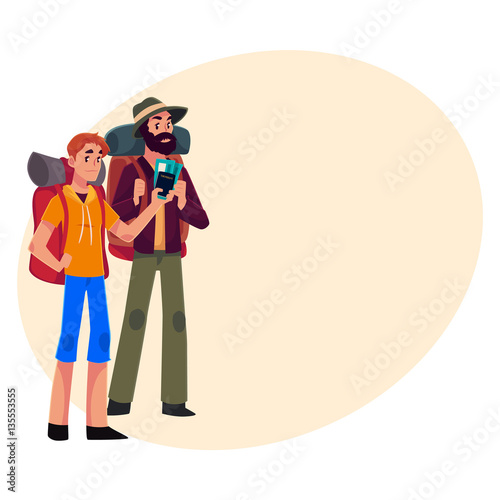 Two pretty girls travelling, hitchhiking with backpacks and camera, cartoon illustration on background with place for text. male backpackers, hitchhikers, friends travelling with backpacks and camera