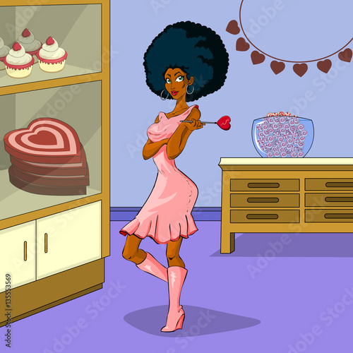 Cute lollipop girl in a bakery store