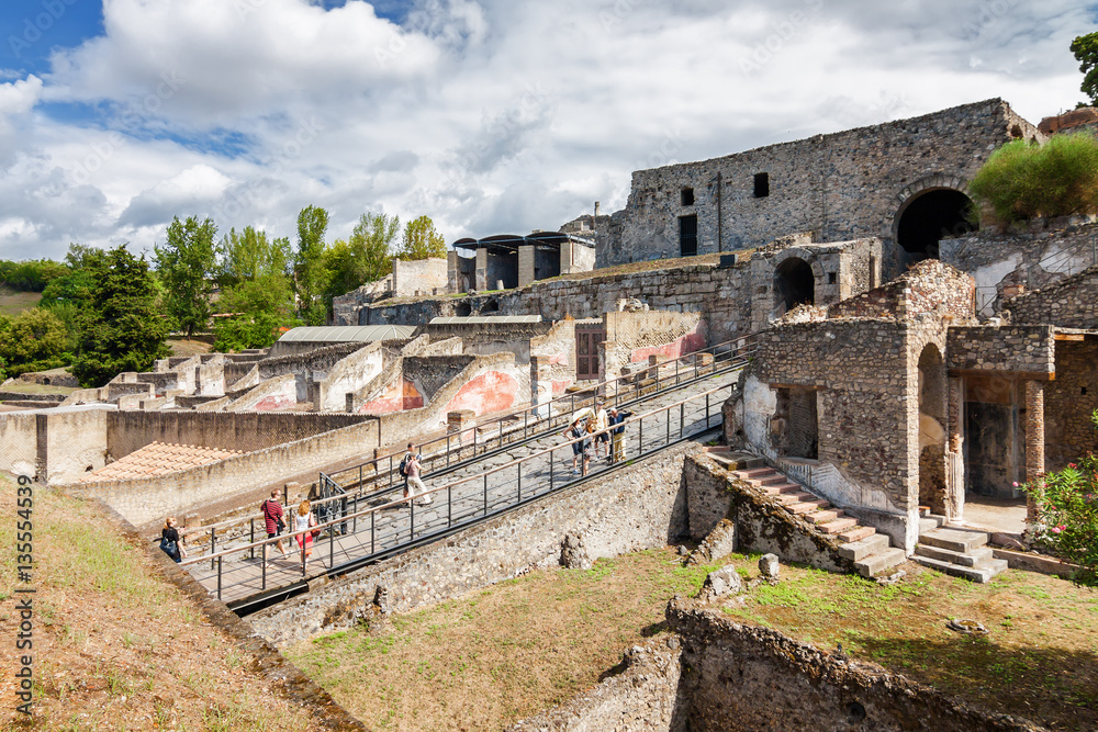Sunny view of Pompeii, which was destroyed in 79BC by the eruption of volcano Vesuvius, Campania region, Italy.