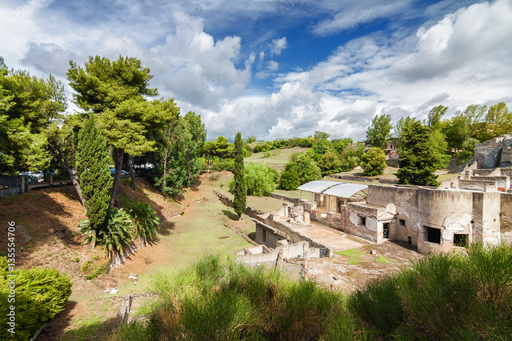 Sunny view of Pompeii, which was destroyed in 79BC by the eruption of volcano Vesuvius, Campania region, Italy.