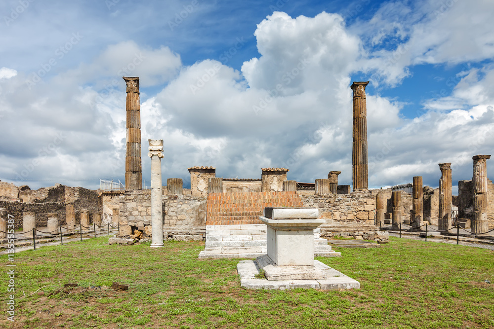 Sunny view of Pompeii, which was destroyed in 79BC by the eruption of volcano Vesuvius, Campania region, Italy. Sunny view of Pompeii, which was destroyed in 79BC by the eruption of volcano Vesuvius, Campania region, Italy.