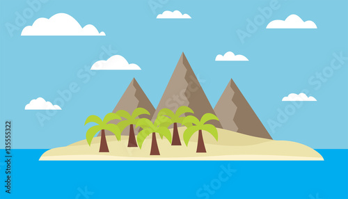 Cartoon landscape of the island with mountains, palms, the ocean, the sky with clouds - vector illustration