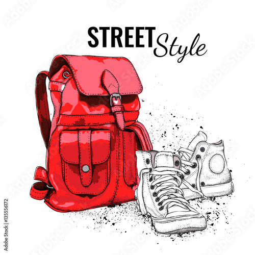 Hand drawn Vector Backpack and sneakers. Vector illustration