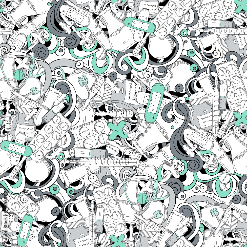 Medical seamless pattern, lots of different doodle elements