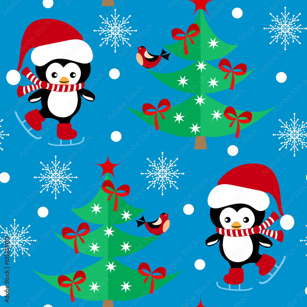 Naklejka premium Seamless pattern with Christmas penguins