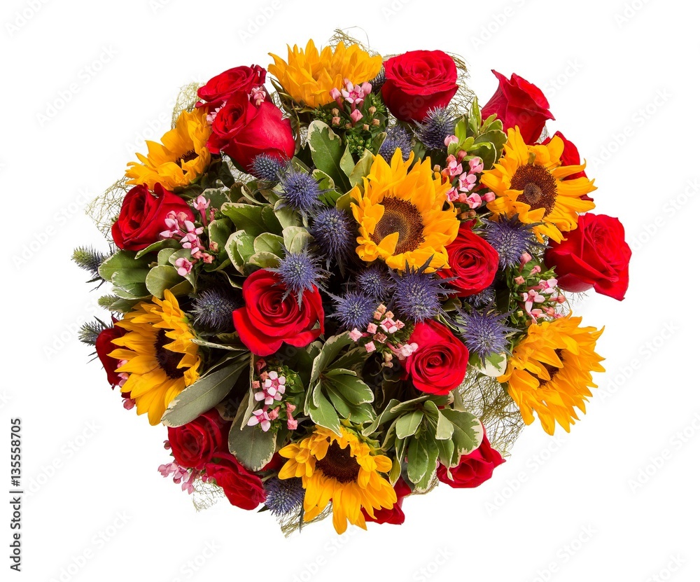 Obraz premium Bouquet of flowers top view on white background