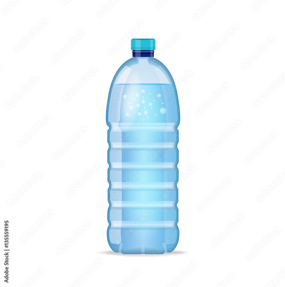 Realistic bottle with clean blue water isolated on the white background. Vector mockup. Front view. Realistic bottle with clean blue water isolated on the white background. Vector mockup. Front view.