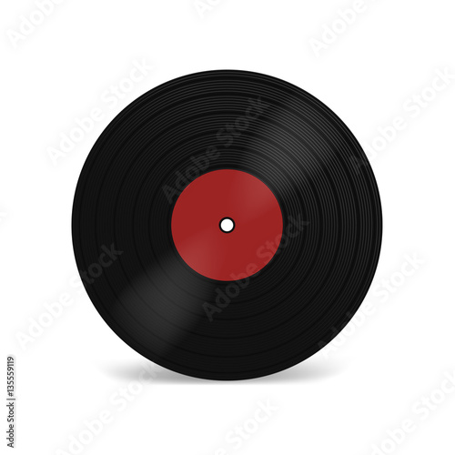 Vinyl LP record with red label. Black musical long play album disc 33 rpm. Old technology, realistic retro design, vector mockup illustration, isolated on white background.