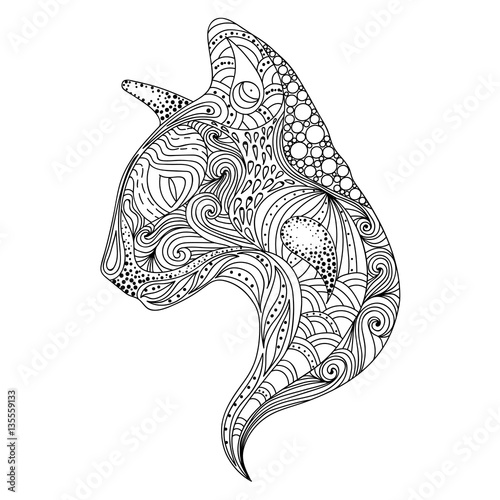 Stylized doodle cat. Hand drawn cartoon animal illustration, coloring book page. Decorative ornate for T-shirt emblem, logo or tattoo. Zen art, isolated design element