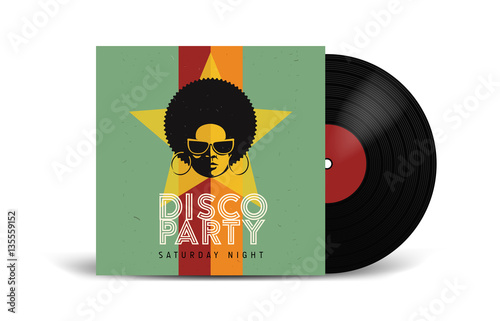 Realistic Vinyl Record with Cover Mockup. Disco party. Retro design. Front view.