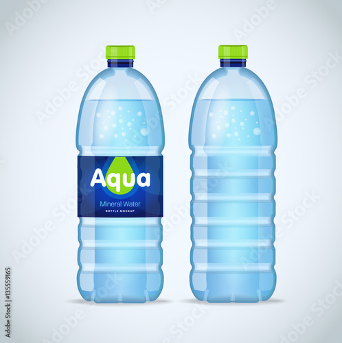 Realistic bottle with clean blue water isolated on the white background. Vector mockup. Front view.