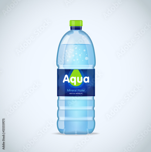 Realistic bottle with clean blue water isolated on the white background. Vector mockup. Front view.