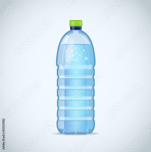 Realistic bottle with clean blue water isolated on the white background. Vector mockup. Front view.