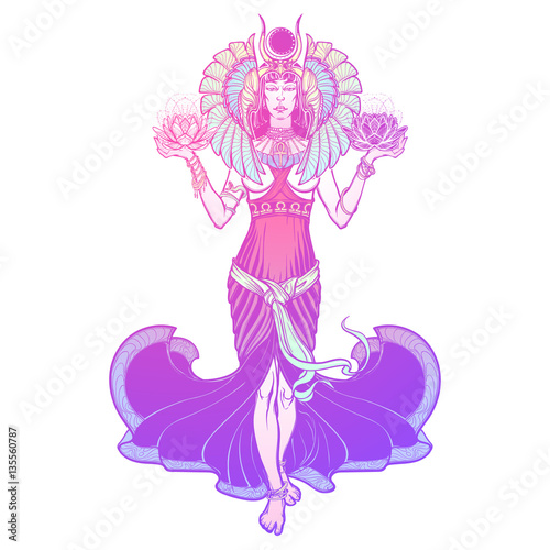 Egyptian goddess Isis balancing in hands black and white lotus as a symbol of life and death. Full body view. Vintage art nouveau style concept art . EPS10 vector illustration.
