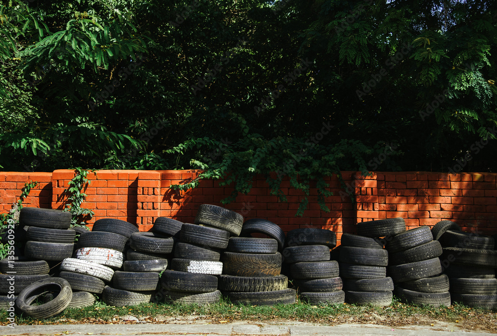 The tires on the side of the road The tires on the side of the road