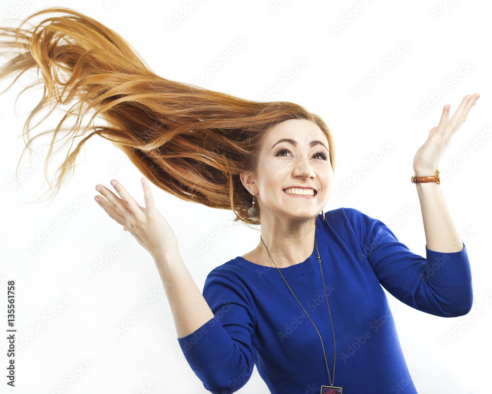 Girl with flying  smiling girl with long healthy hair. Healthy  strong hair. Strong hair. Beautiful slim girl with a haircut. Hair style  Stock Photo | Adobe Stock
