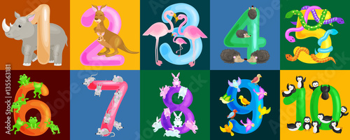Set of ordinal numbers for teaching children counting with the ability to calculate amount animals abc alphabet kindergarten books or elementary school posters collection vector illustration
