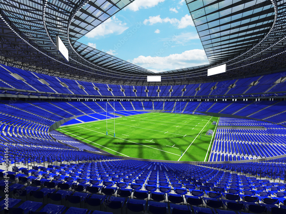 Fototapeta Render 3D okrągłego stadionu rugby z niebieskimi siedzeniami i lożami VIP