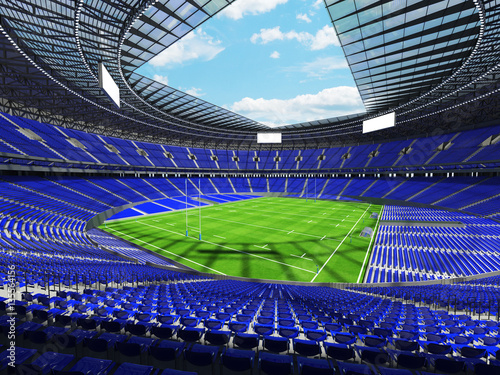 3D render of a round rugby stadium with  blue seats and VIP boxes