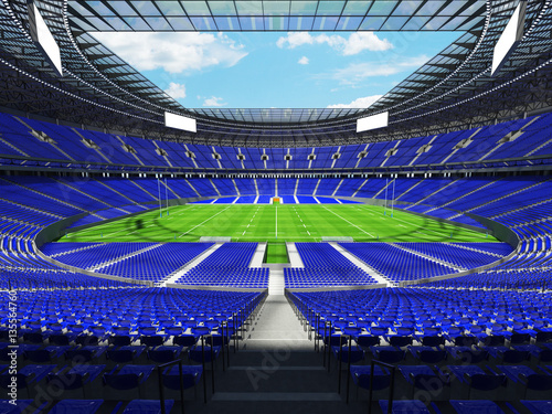3D render of a round rugby stadium with blue seats and VIP boxes