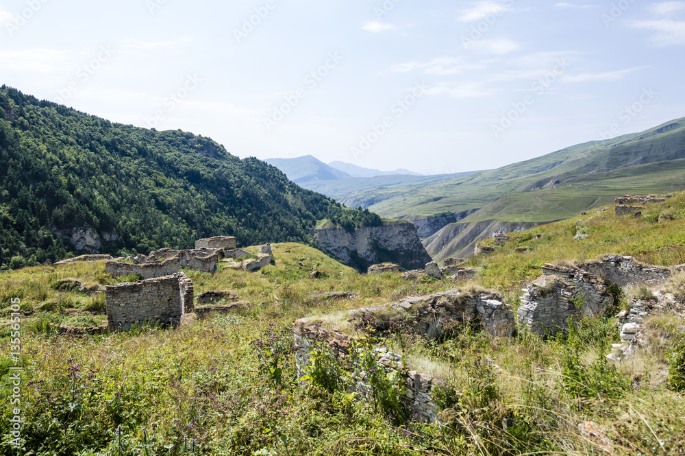 Ruins of ancient medieval chechen village near Lake Kezenoyam (Kezenoy Am) in Chechnya, Russia