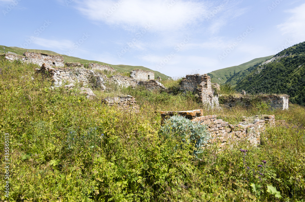 Ruins of ancient medieval chechen village near Lake Kezenoyam (Kezenoy Am) in Chechnya, Russia