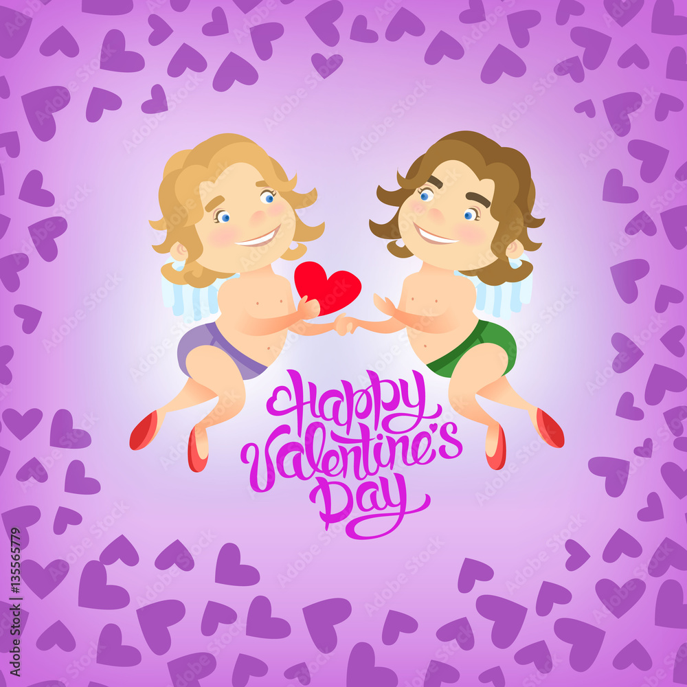 Greeting card Happy Valentine Day, with holding hands couple gays angels vector illustration Greeting card Happy Valentine Day, with holding hands couple gays angels vector illustration