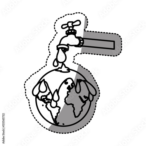 monochrome contour sticker with watertap with earth contamination with rain of petroleum vector illustration