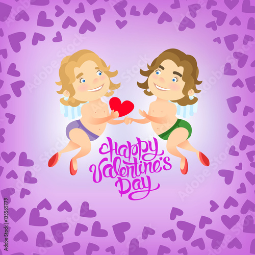 Greeting card Happy Valentine Day, with holding hands couple gays angels vector illustration
