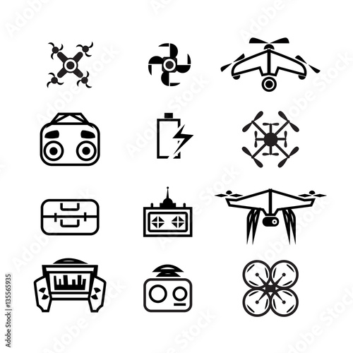 isolated linear illustration. Drone icons set of quadrocopter and multicopter and drone control symbols collection. repair and service.