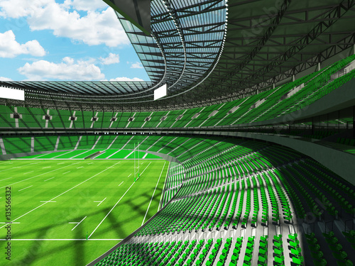 3D render of a round rugby stadium with  green seats and VIP boxes