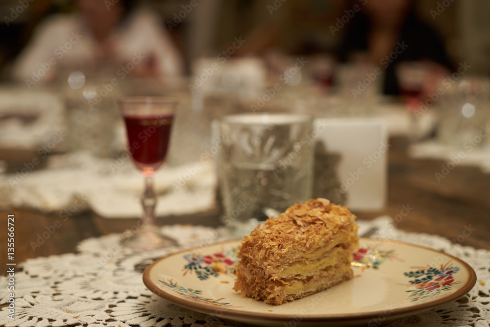 Homemade Cake Napoleon on festive table.Closeup.