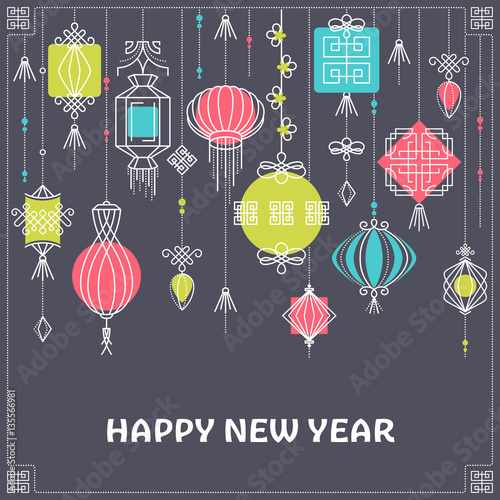 Vector postcard with asian street and holiday lanterns