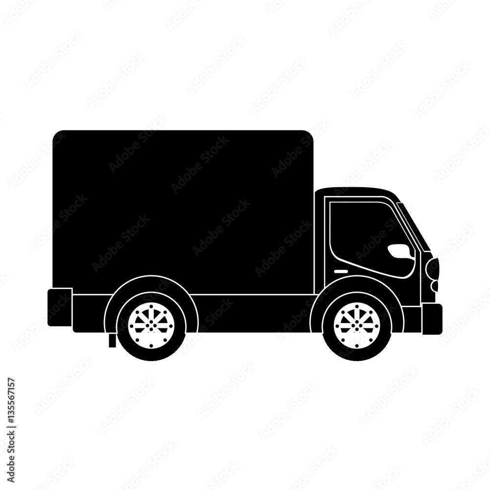 monochrome transport truck with wagon and wheels vector illustration