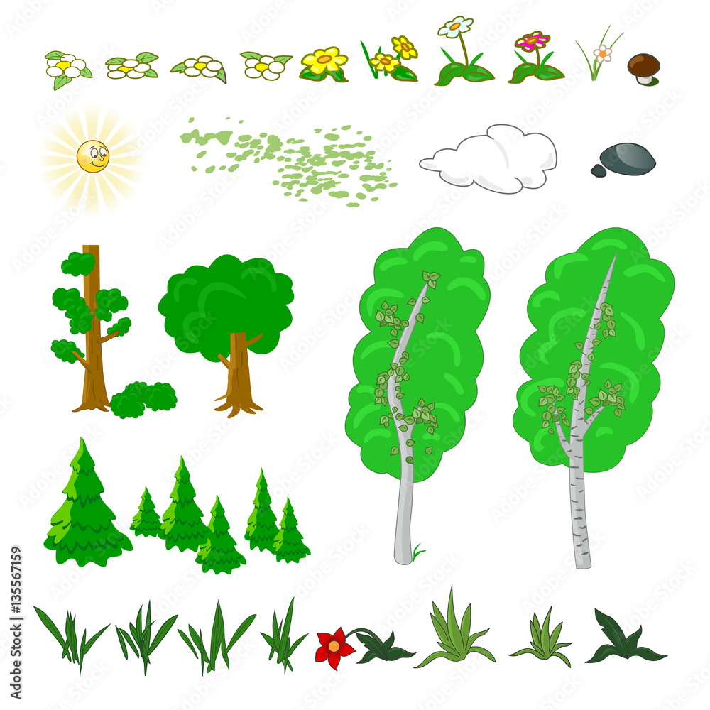 Fototapeta premium Set of flat forest elements. Include grass, flowers, mushrooms, berries, bushes, trees and sun