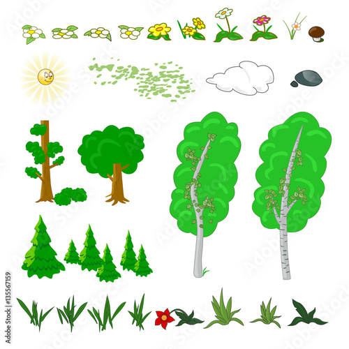 Set of flat forest elements. Include grass  flowers  mushrooms  berries  bushes  trees and sun