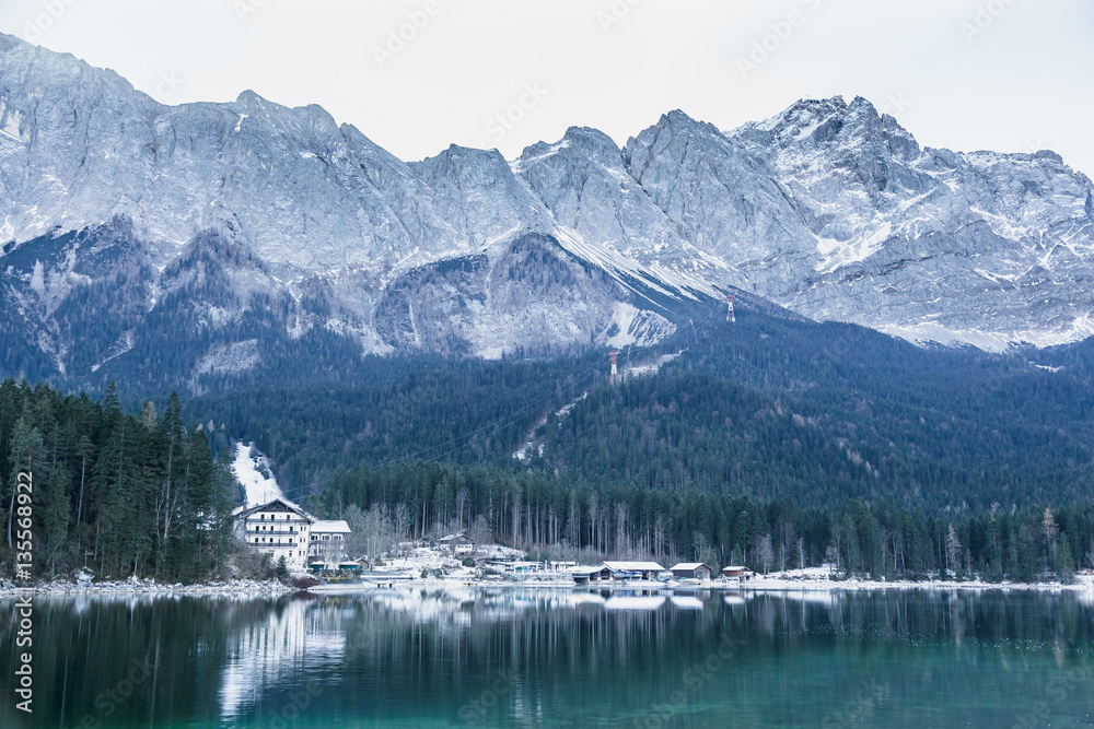 Winter landscape with lake and mountains, Zugspitze, Aibsee, Germany