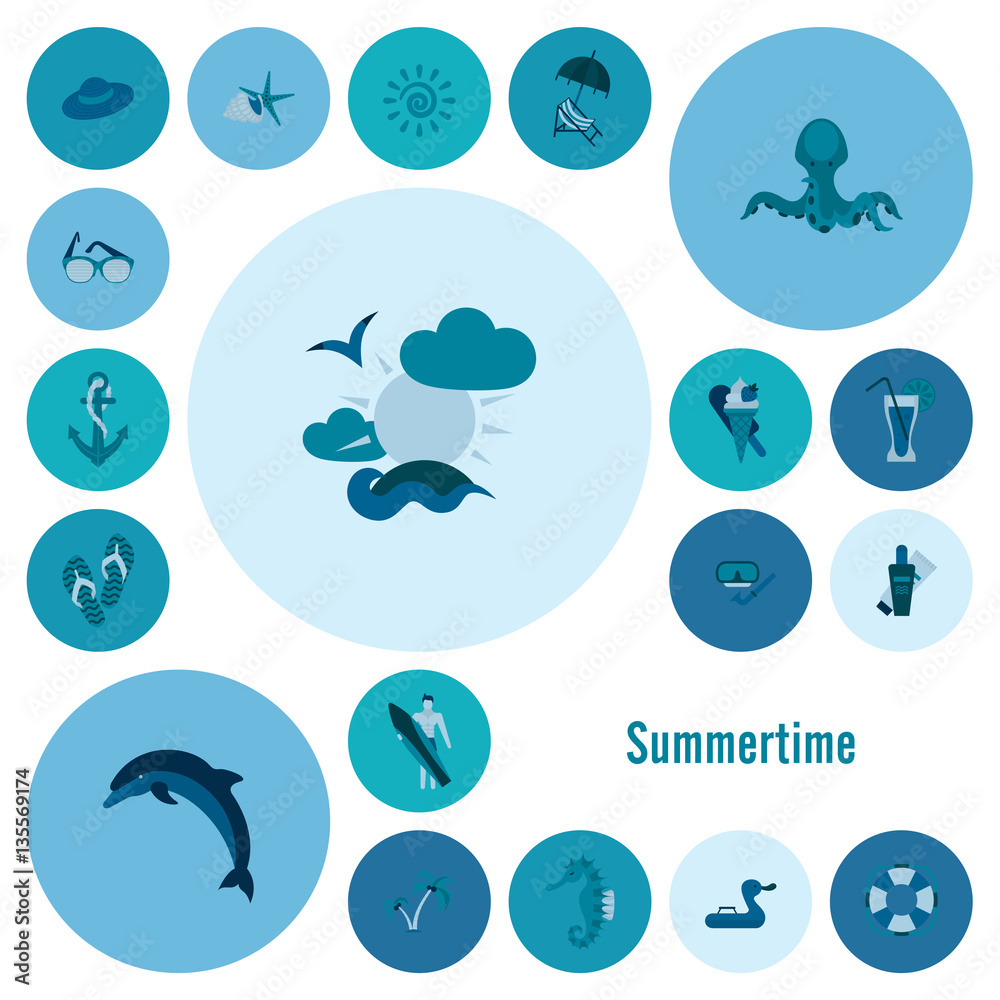 Naklejka premium Summer and Beach Simple Flat Icons