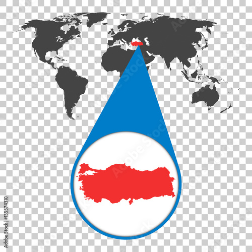World map with zoom on Turkey. Map in loupe. Vector illustration in flat style