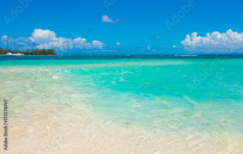 Fototapeta Naklejka Na Ścianę i Meble -  tropical beach with coconut palms on the background of the islan